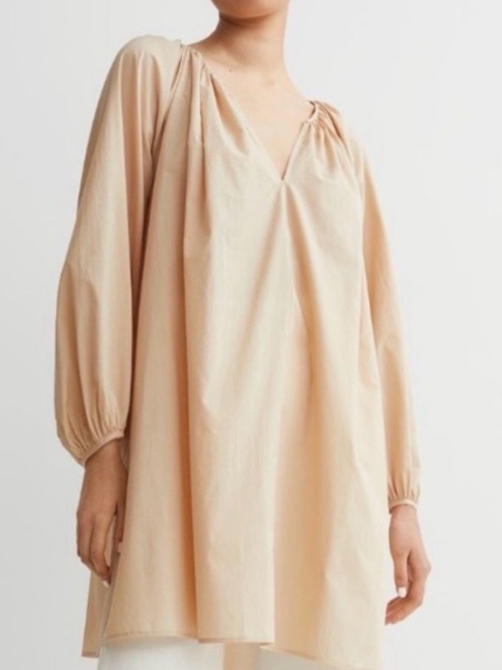 H&M A-Line Oversized Cotton Dress Raglan Balloon Sleeves | Beige | Large